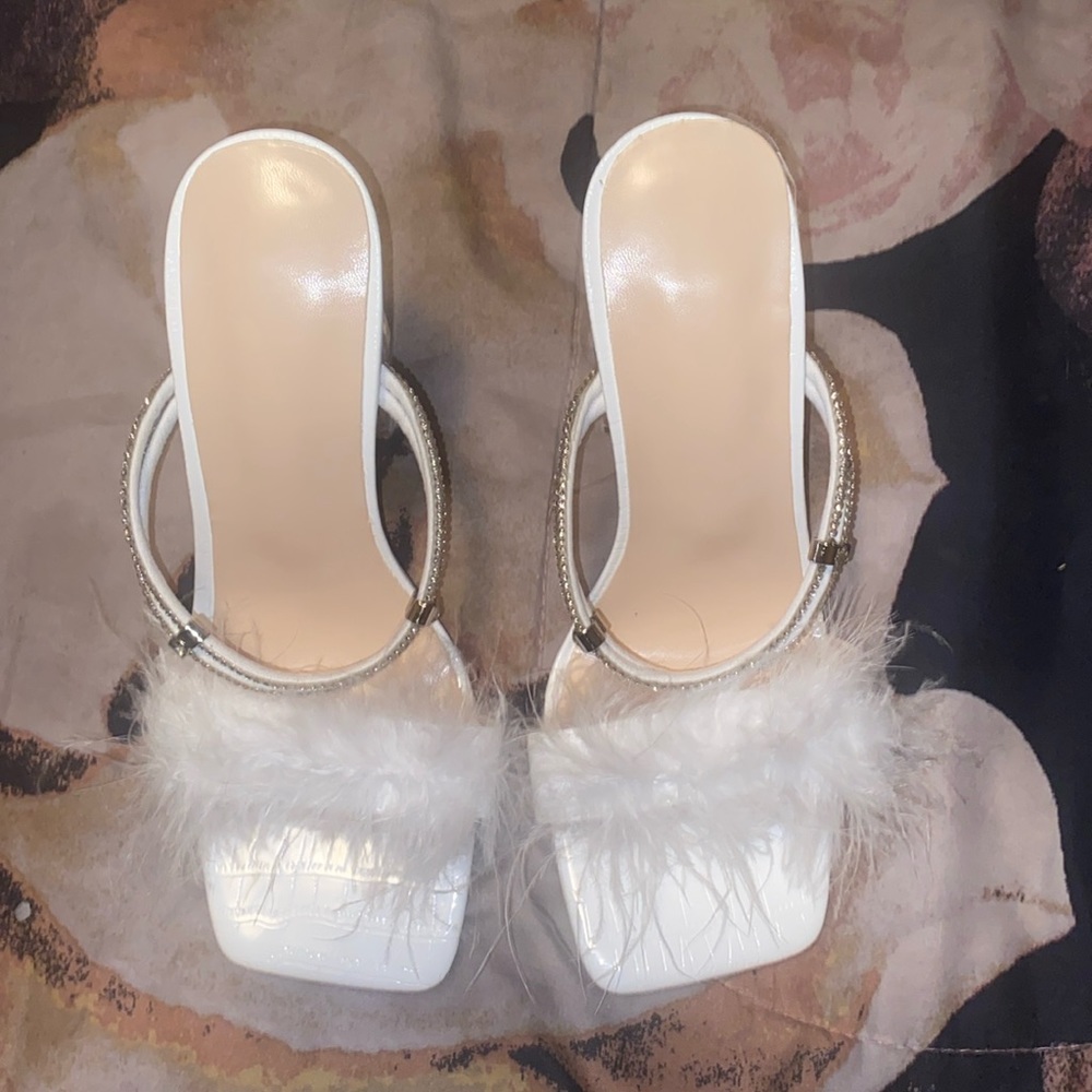Furry white heels